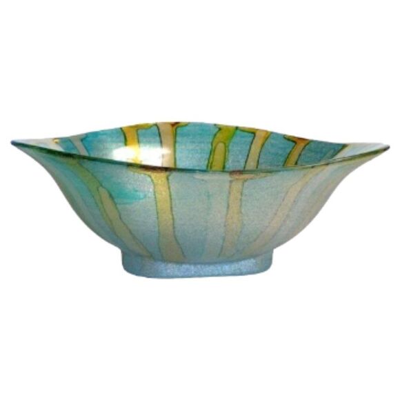 Teal and Gold Coloured Decorative Art Glass Bowl - Picture 2 of 5